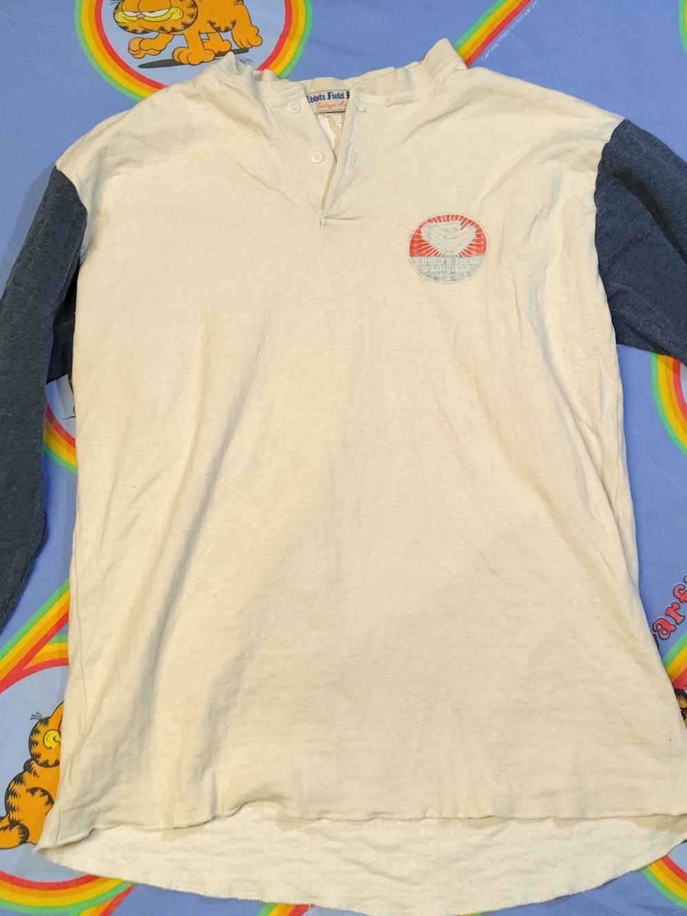 Ebbets Field Flannels Henley Shirt Mens Medium Cream Navy Baseball Raglan
